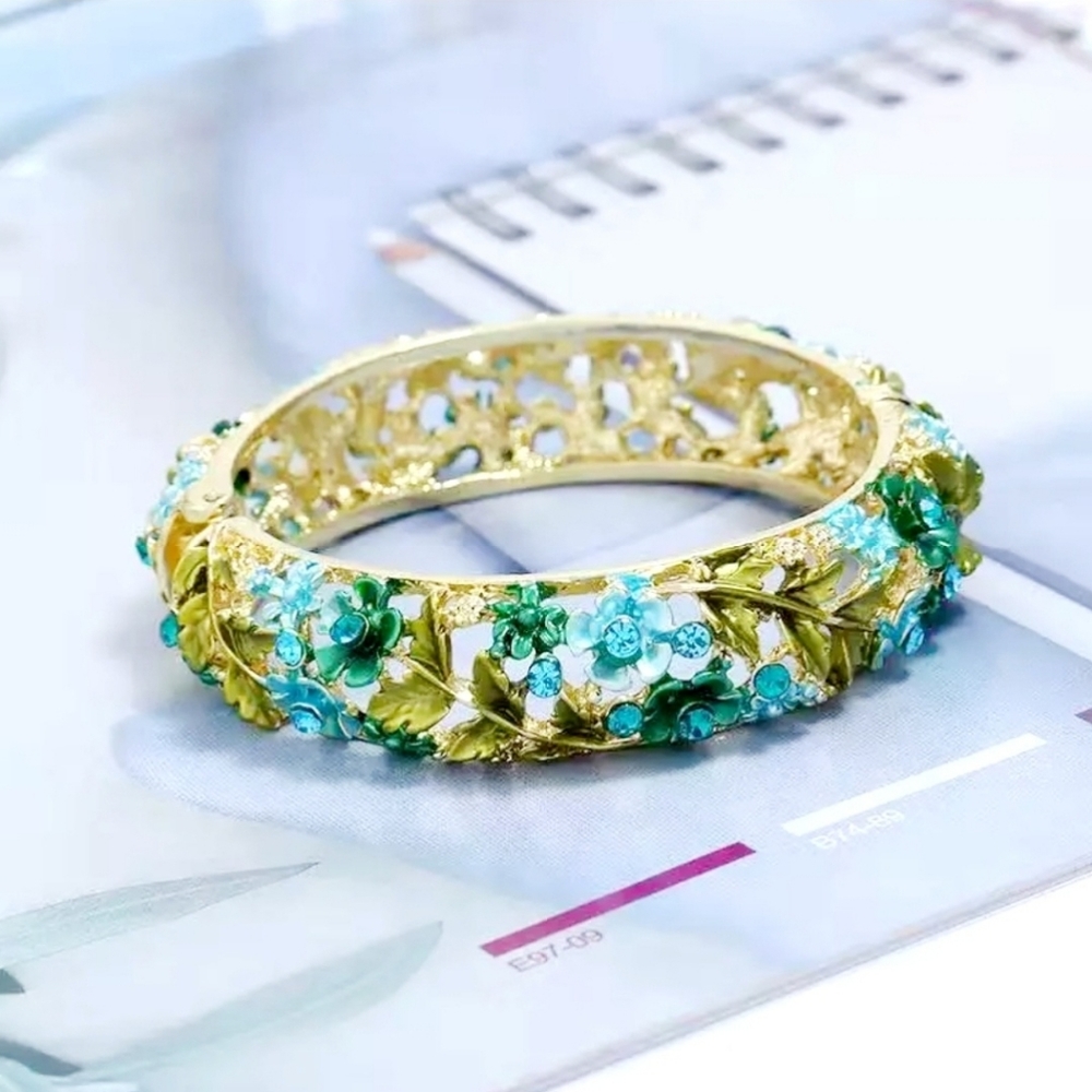 Gold-plated blue green crystal flower bangle bracelet BOGO - Picture 3 of 12